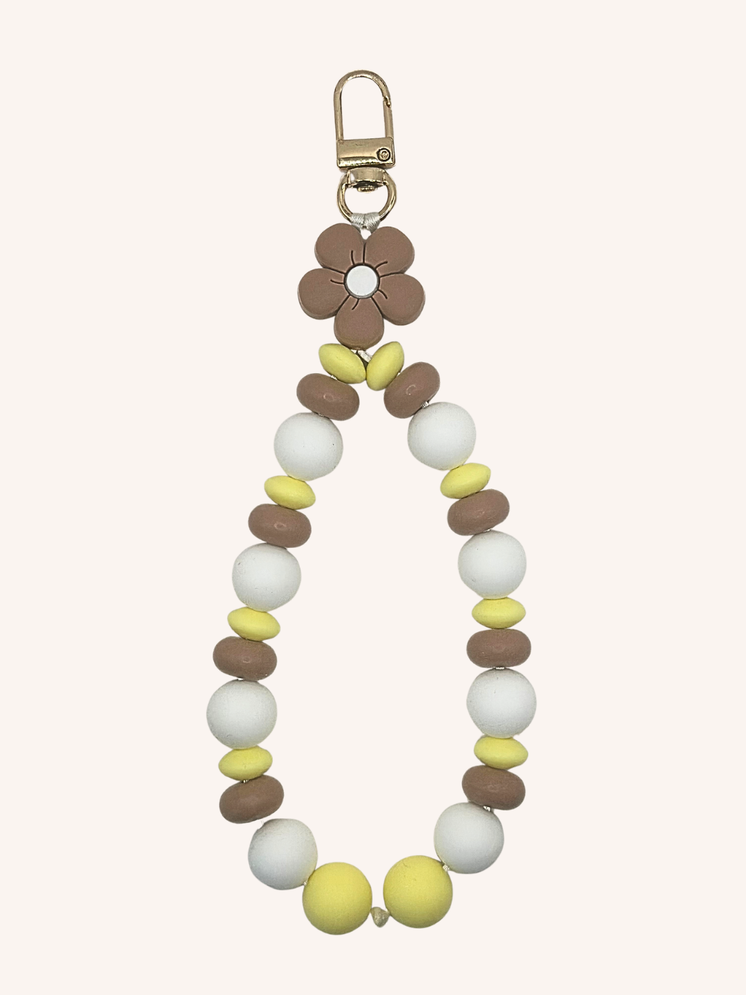 Chaine de téléphone fleur brune & perles jaune beurre