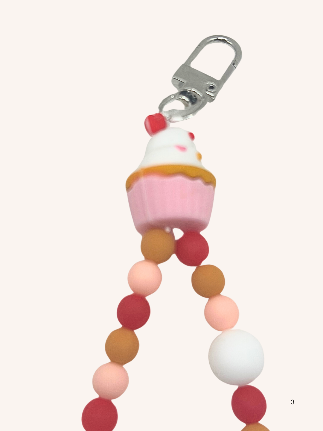 Chaine de téléphone cupcake rose, brun & blanc